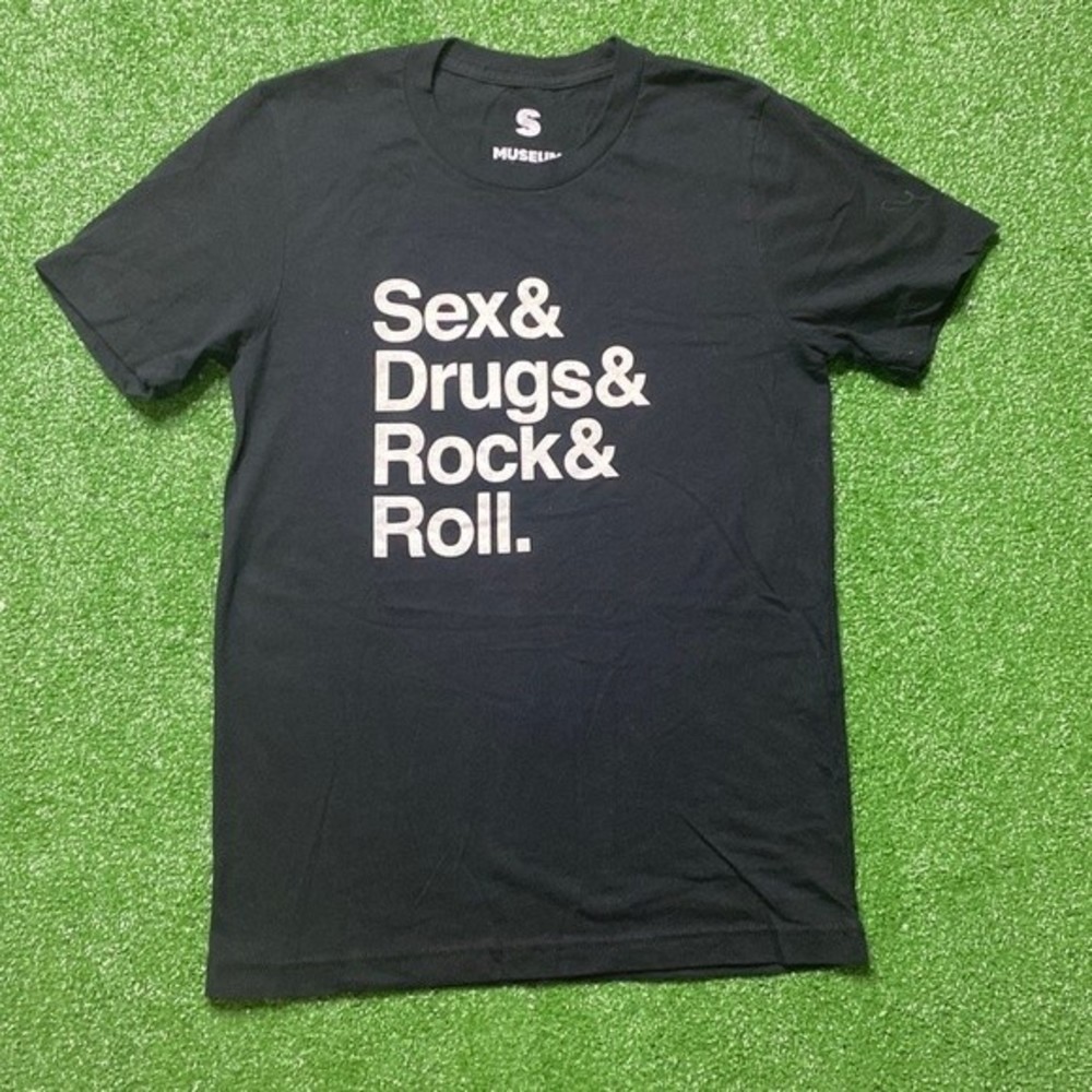 Museum of Sex- Black Graphic Tee with White 'Sex & Drugs & Rock & Roll.' Print